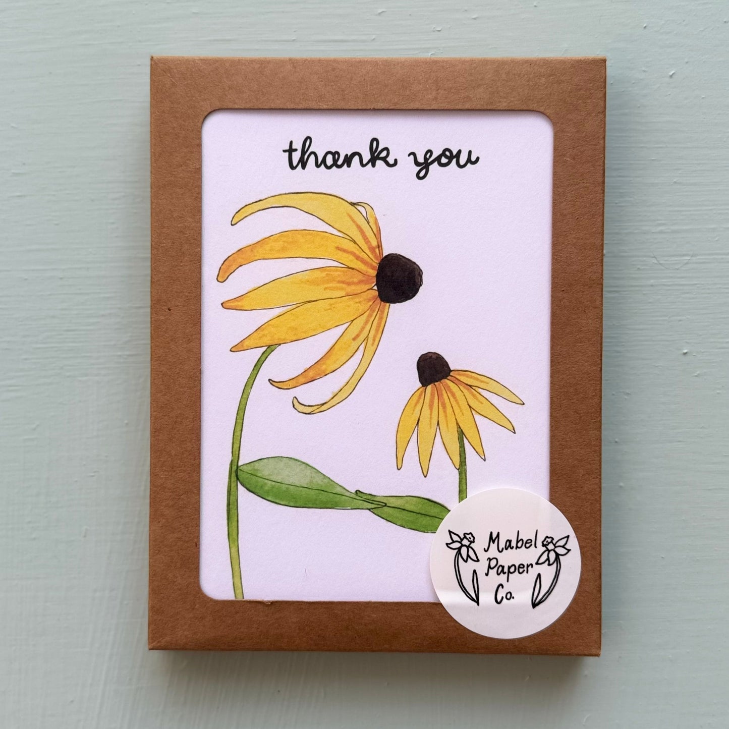 Box set thank you card set with yellow flower black eyed susan illustration and 'thank you' text.
