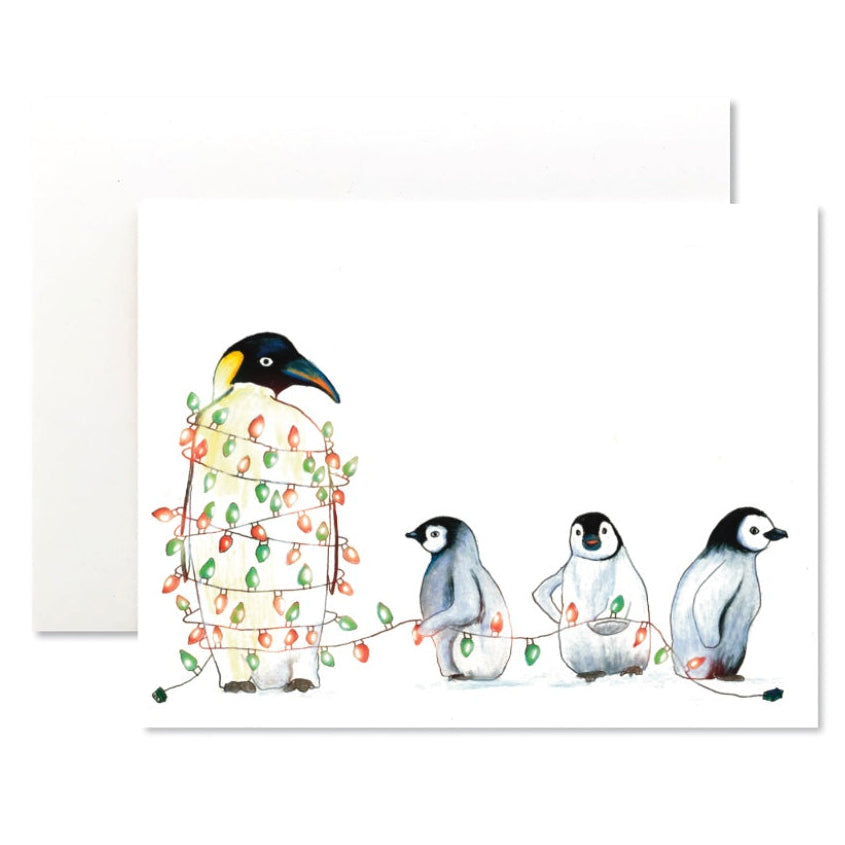 Illustration of penguin family with Christmas lights wrapped around the parent on a white background
