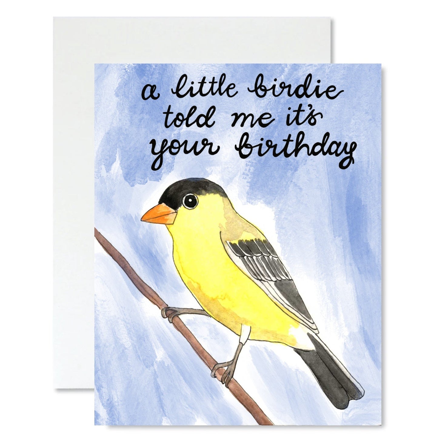 Birthday card with a yellow bird illustration and text on a blue watercolor background