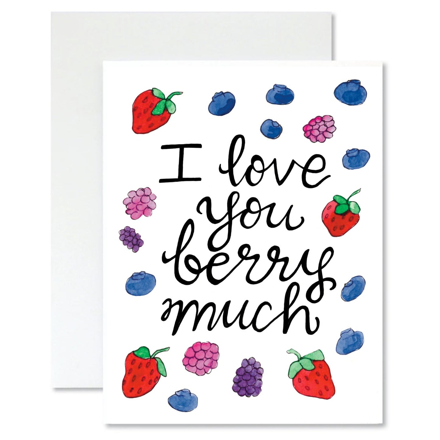 Greeting card with 'I love you berry much' text and berries on a white background