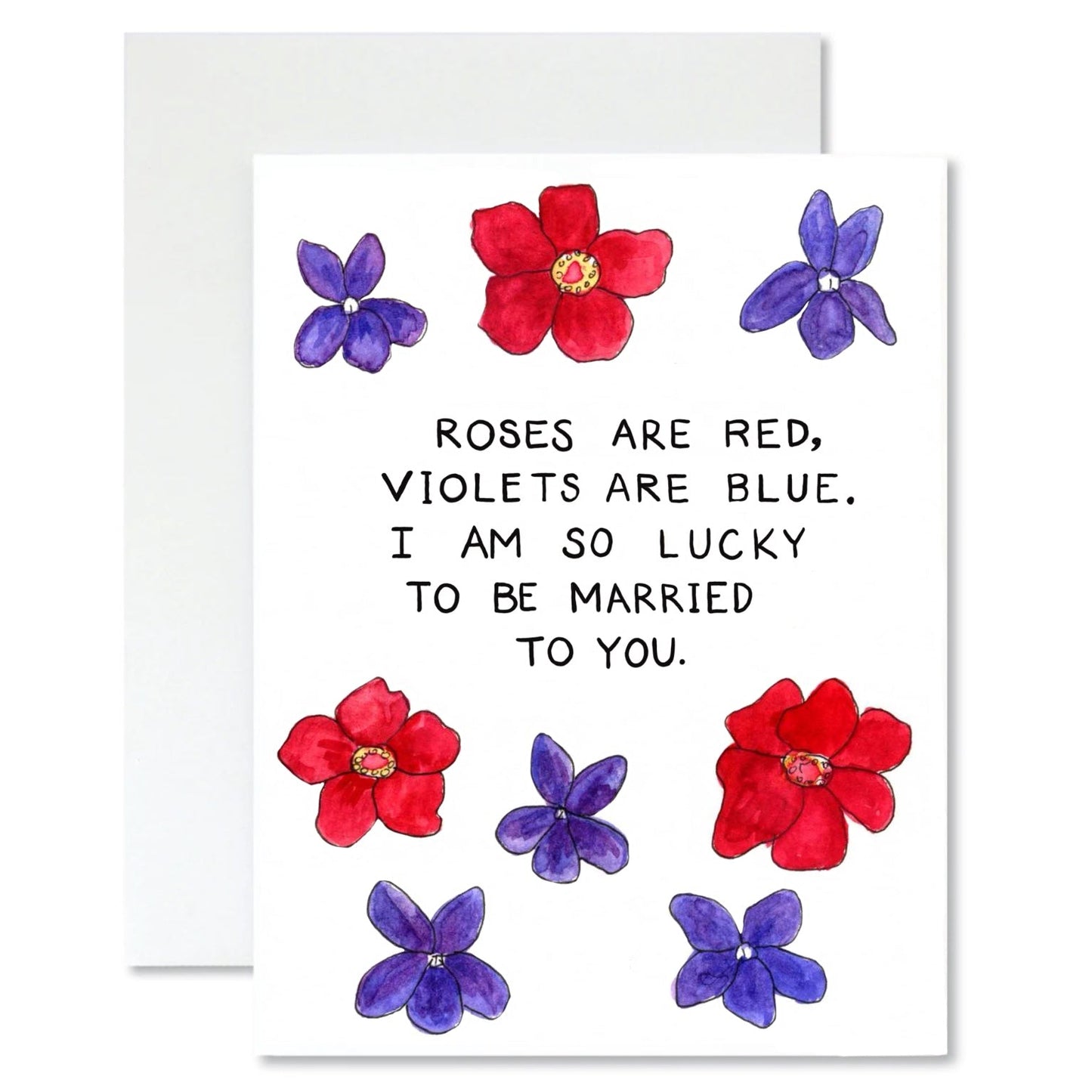 Greeting card with red and blue flowers and romantic text that uses "roses are red, violets are blue" beginning on a white background