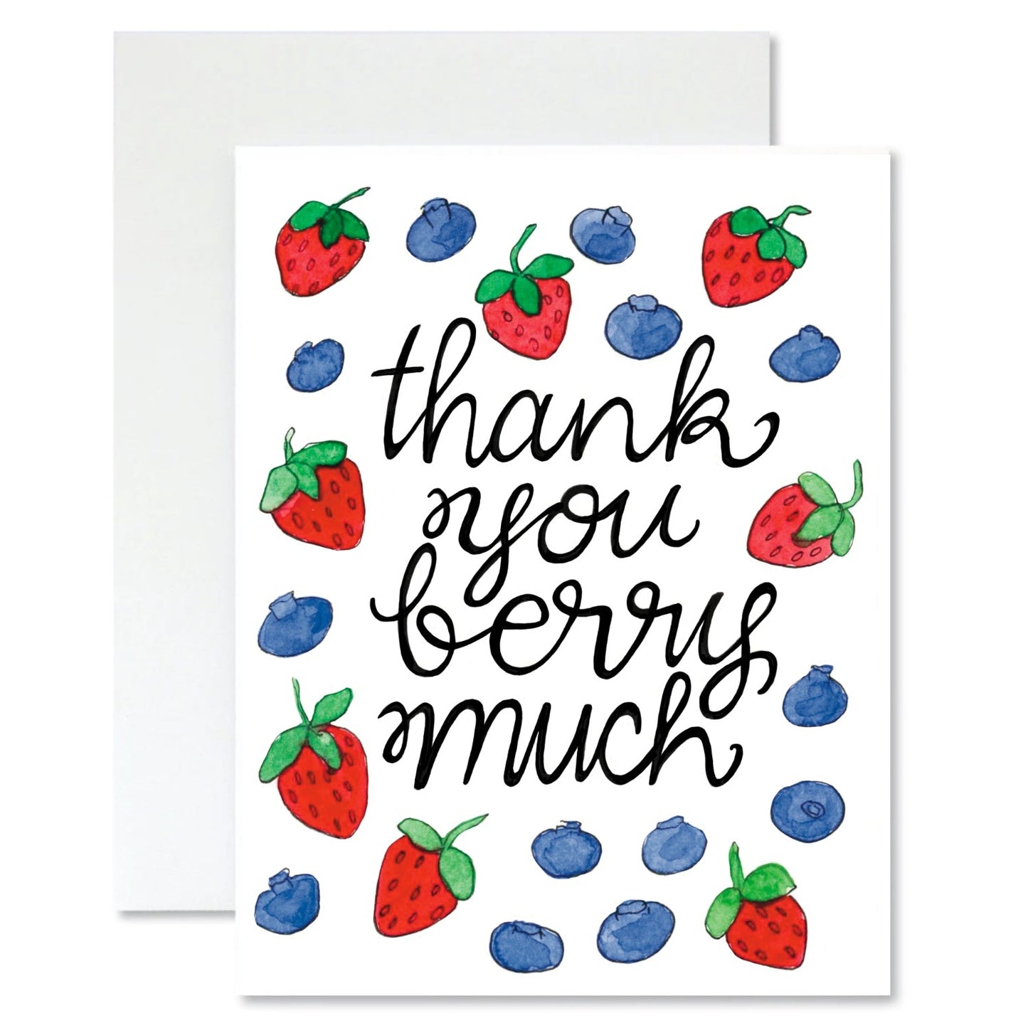 Greeting card with strawberries and blueberries and text 'thank you berry much' on a white background