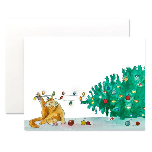 Illustration of a cat who pulled over a Christmas tree with lights and ornaments on a white background.