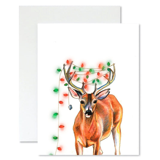 Card with a deer wearing Christmas lights on a white background