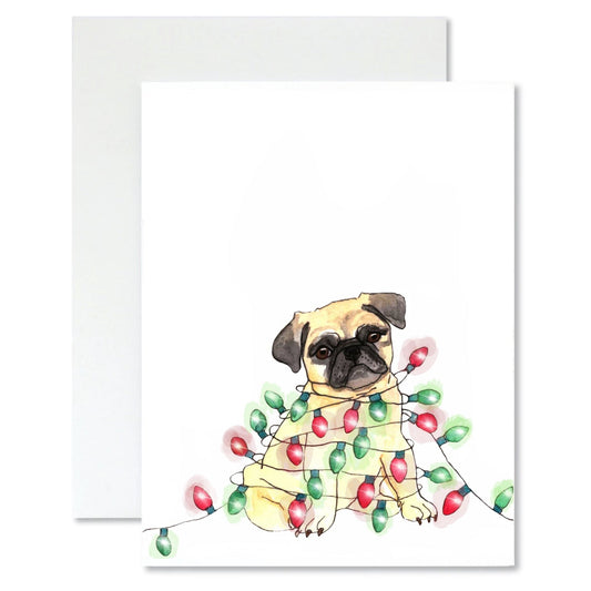 Greeting card with a pug dog wrapped in Christmas lights on a white background