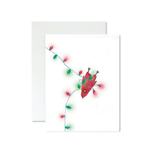 Cardinal Tangled in Christmas Lights Card