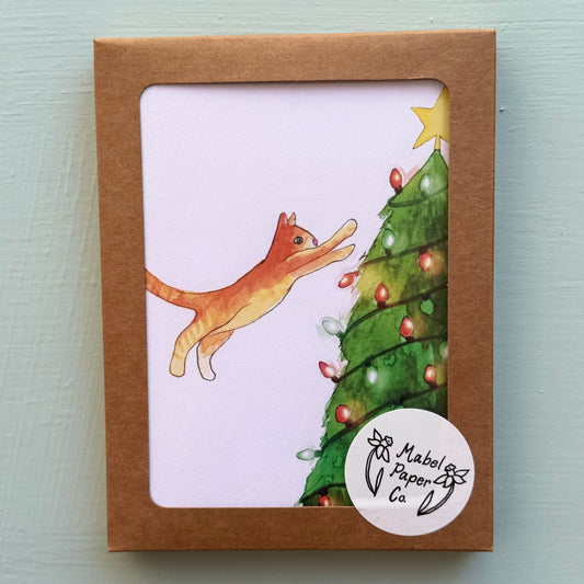 Cat Leaping into Christmas Tree Card