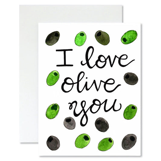 Card with 'I love olive you' text surrounded by olive illustrations on a white background