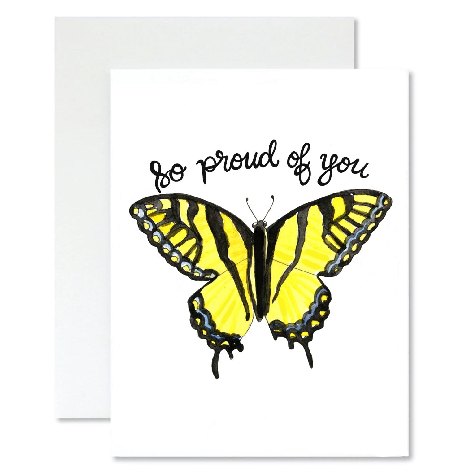 Greeting card with a yellow butterfly illustration and 'So proud of you' text on a white background