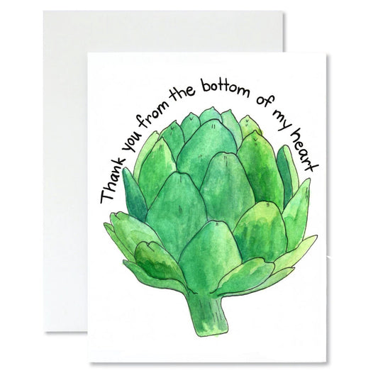 Thank you card with a watercolor artichoke illustration and text that says 'thank you from the bottom of my heart' on a white background