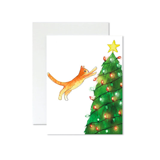 Cat Leaping into Christmas Tree Card
