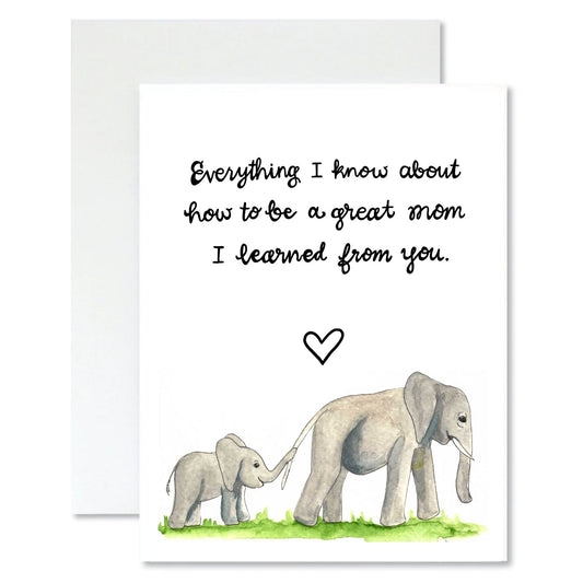 Card with two elephants and text about being a great mom on a white background