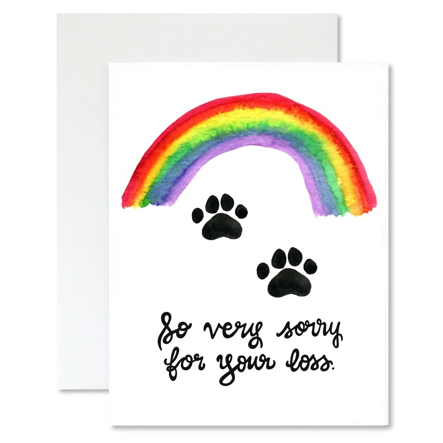 Card with rainbow, paw prints, and 'So very sorry for your loss' text on a white background