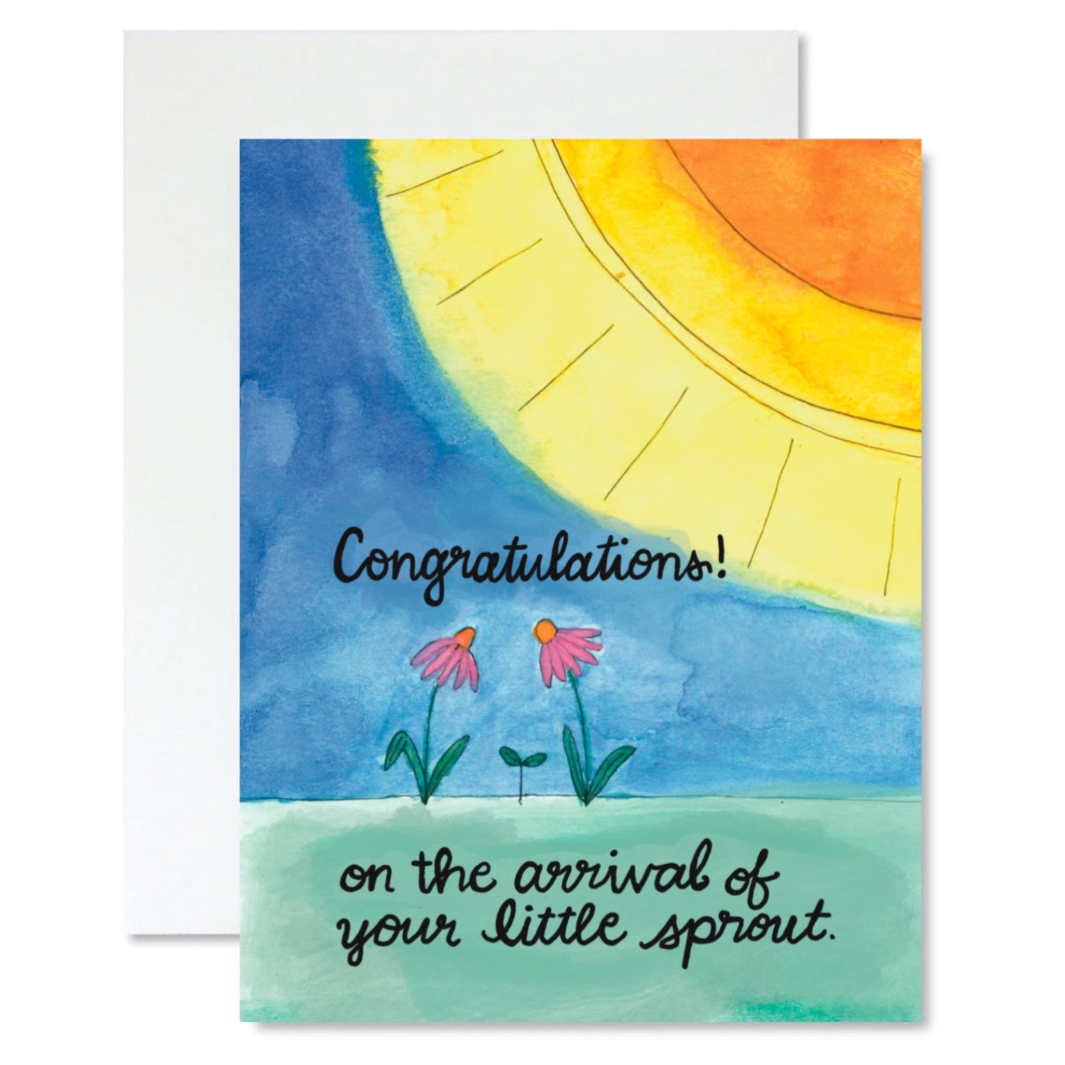 Greeting card with sun and flowers design, featuring text 'Congratulations! on the arrival of your little sprout.'