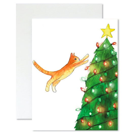Greeting card with a cat leaping into a Christmas tree