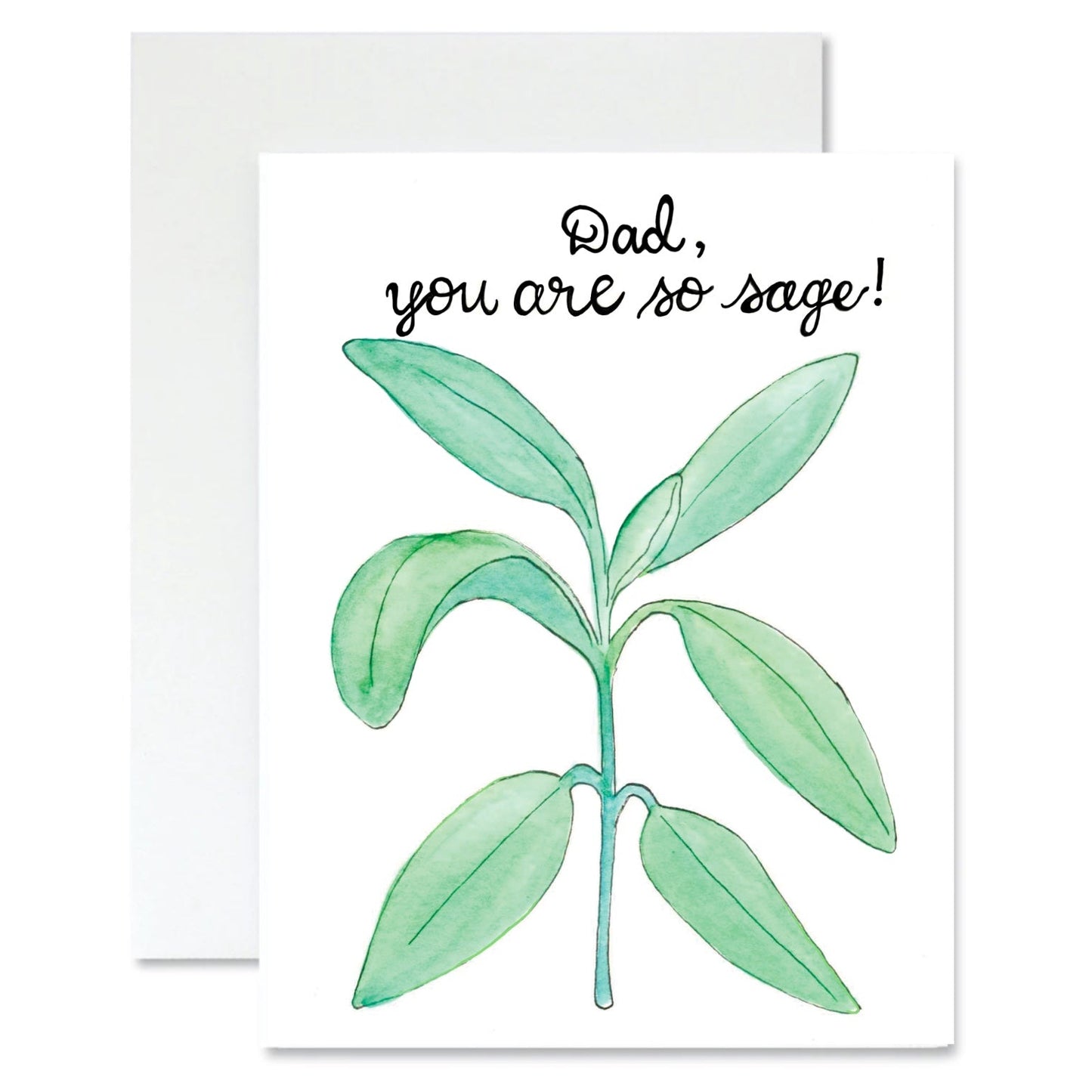Greeting card with sage plant and text 'Dad, you are so sage!' for father's day on a white background