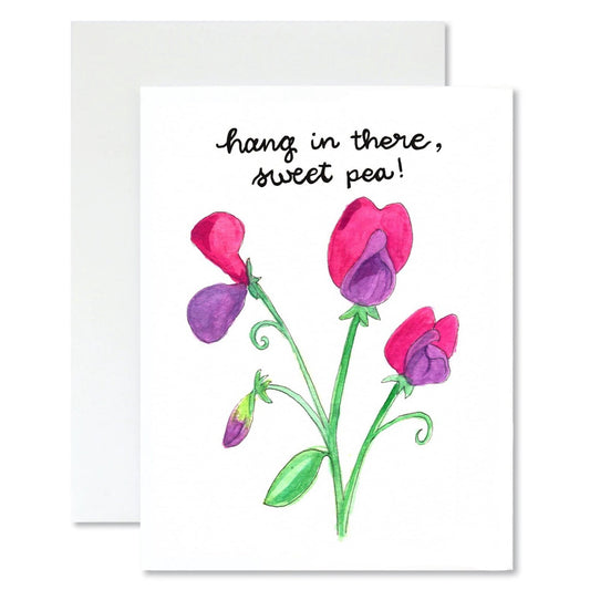 Greeting card with pink flowers and 'hang in there, sweet pea!' text on a white background