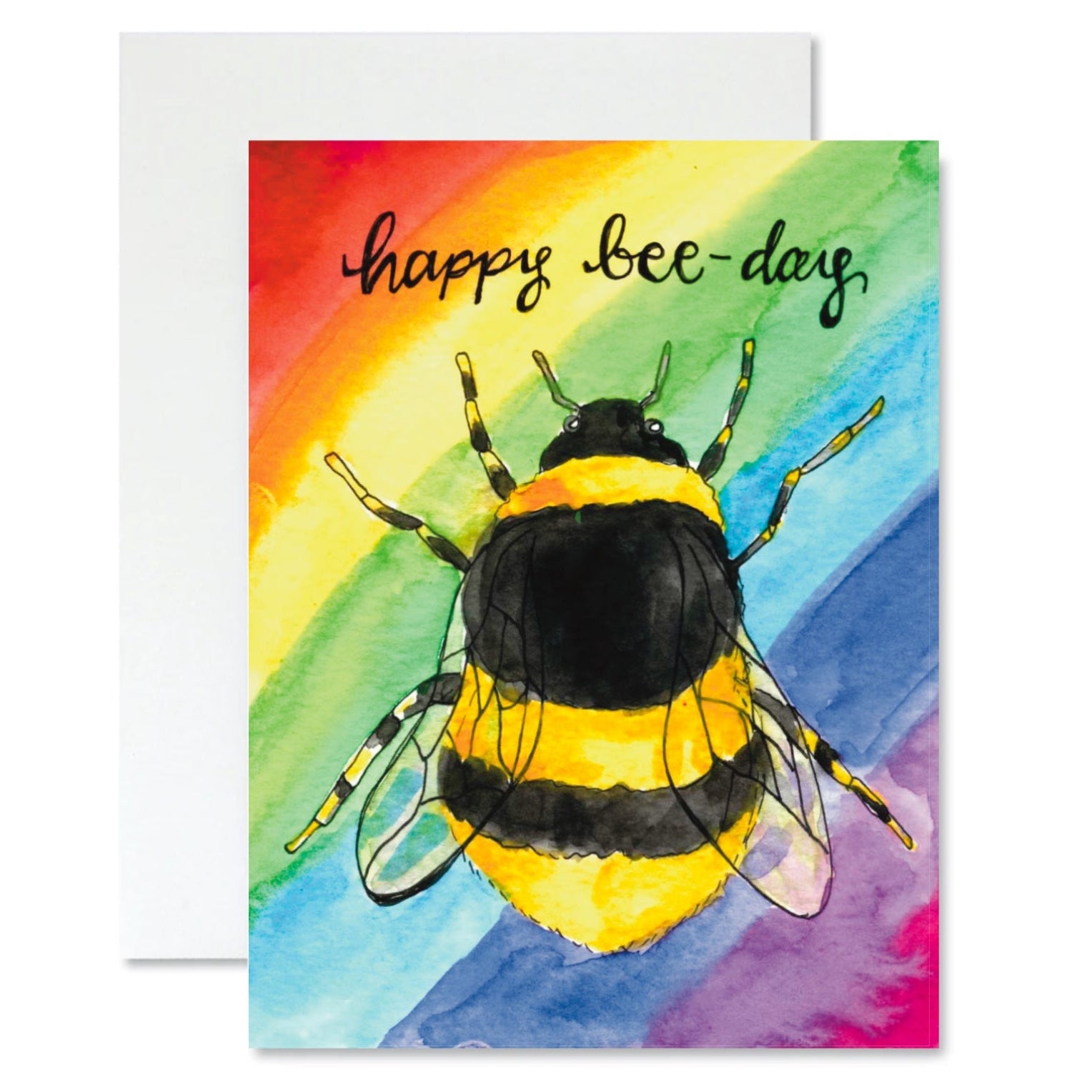 Greeting card with a bee illustration and 'happy bee-day' text on a colorful background