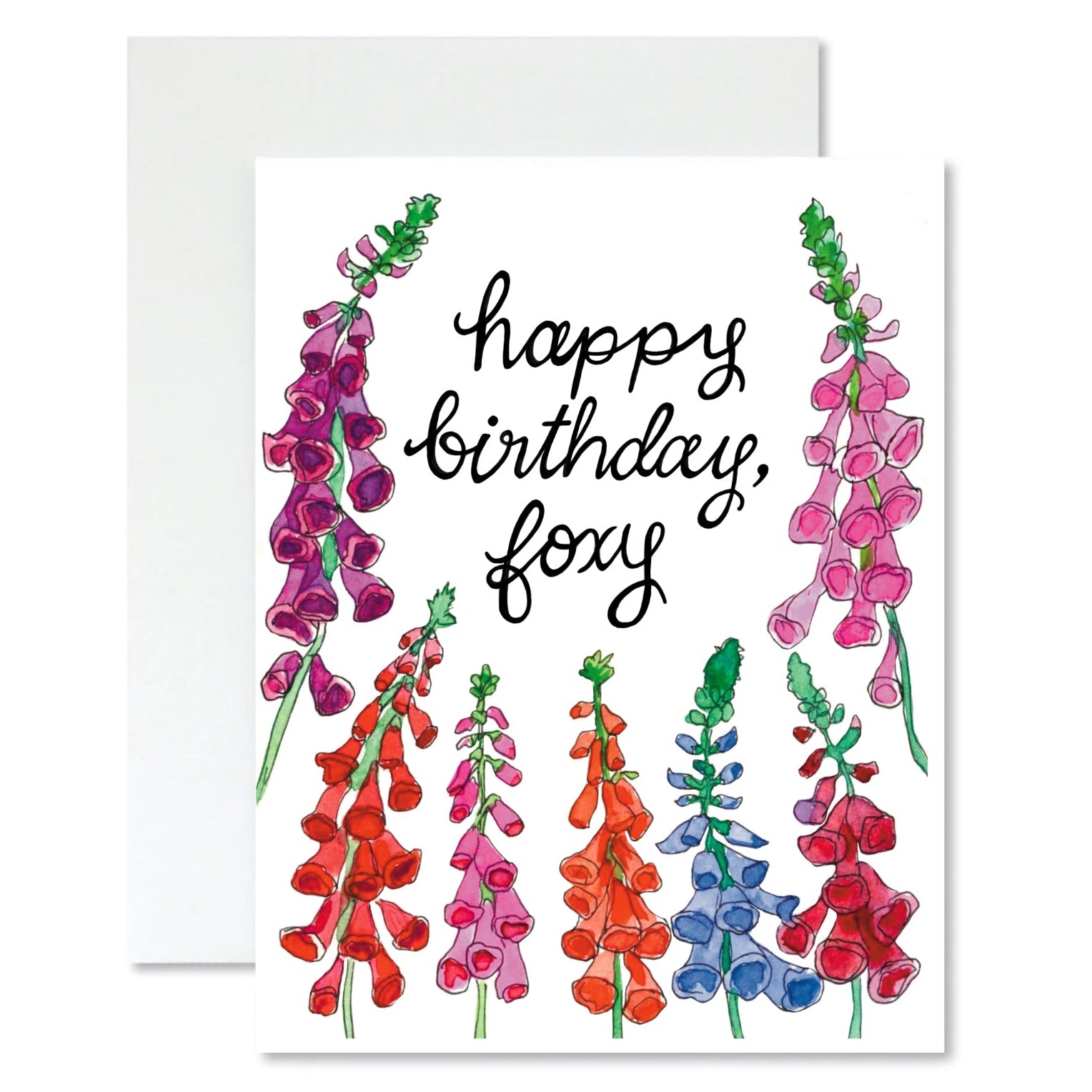 Greeting card with colorful foxglove flowers and 'Happy Birthday, Foxy' text on a white background
