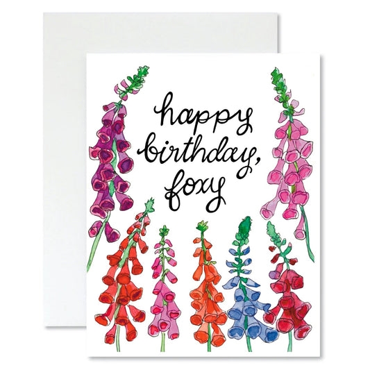 Greeting card with colorful foxglove flowers and 'Happy Birthday, Foxy' text on a white background