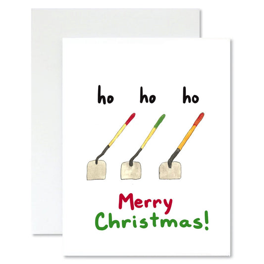 Christmas card with three hoes and 'ho ho ho merry christmas' text on a white background