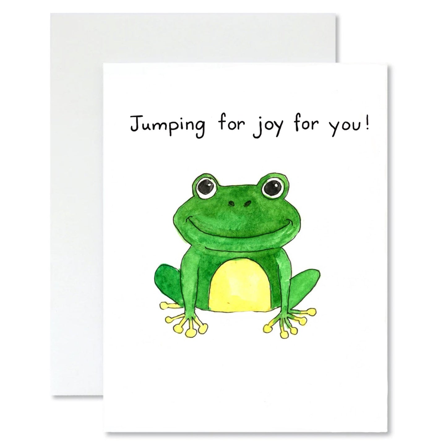 Greeting card with a green frog illustration and text 'Jumping for joy for you!' on a white background