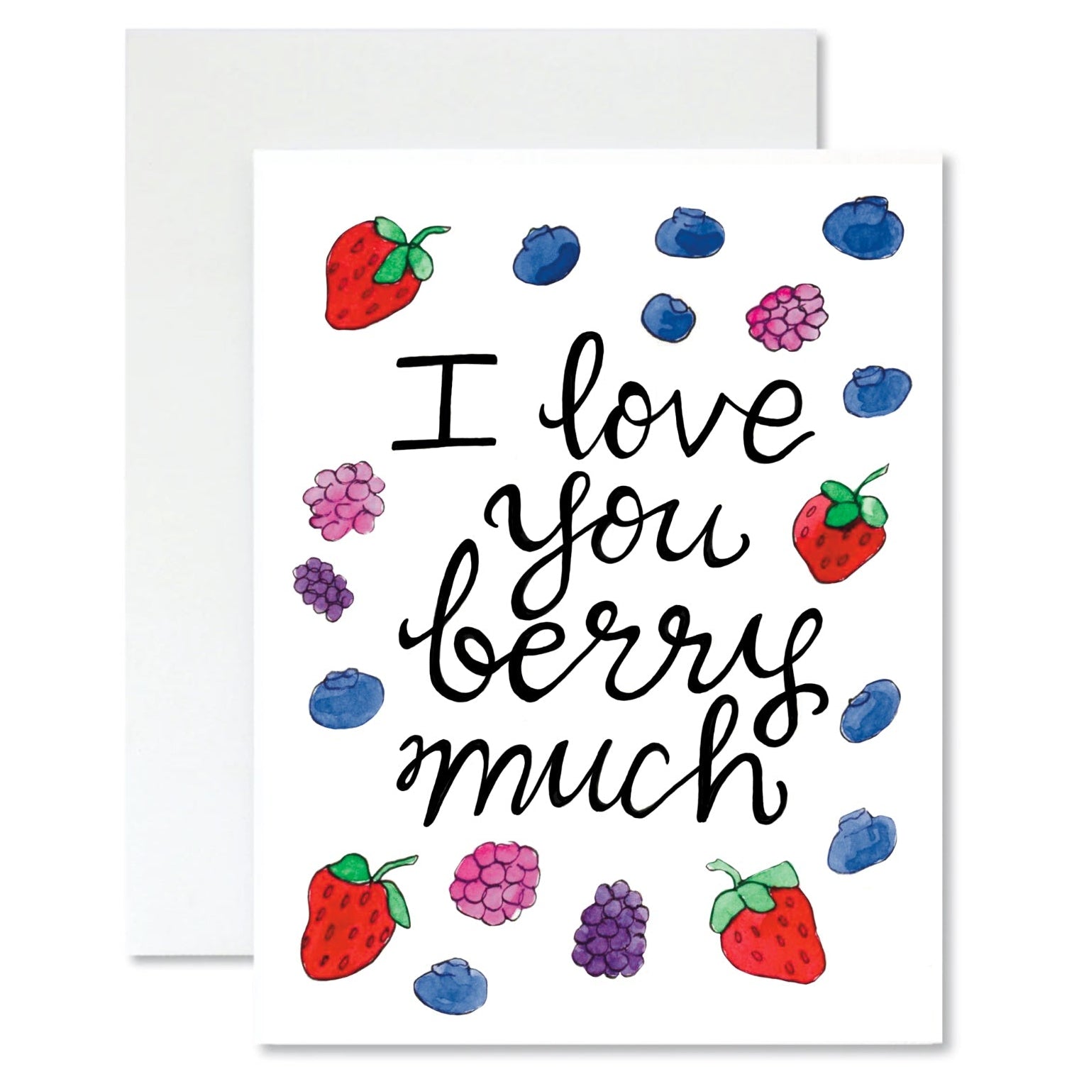 Greeting card with 'I love you berry much' text and berries on a white background