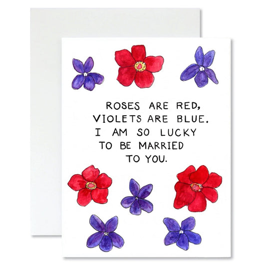 Greeting card with red and blue flowers and romantic text that uses "roses are red, violets are blue" beginning on a white background