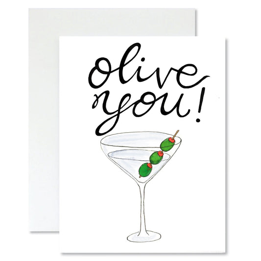 Greeting card with 'Olive you!' text and a martini illustration on a white background.