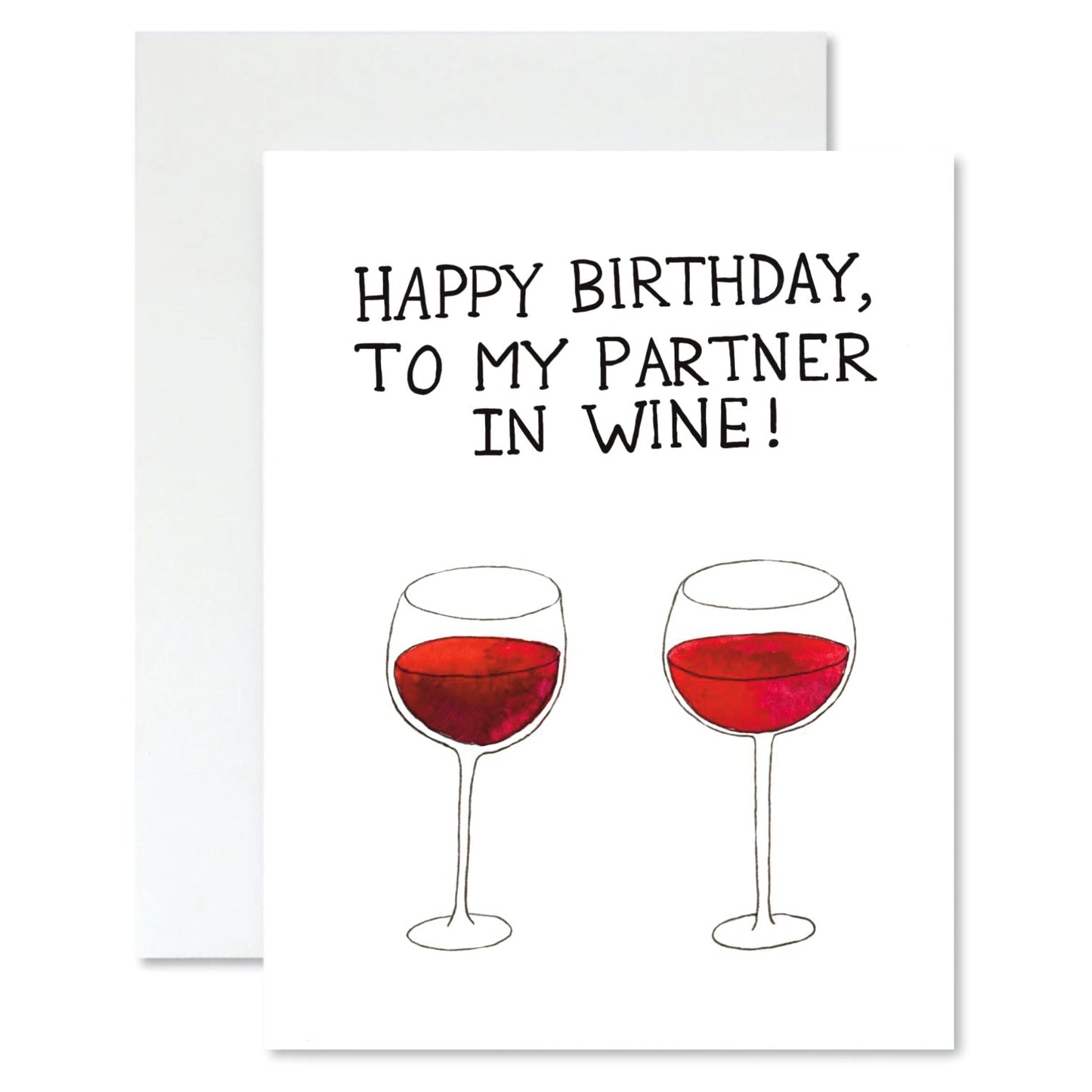 Greeting card with two wine glasses and text 'Happy Birthday, to my partner in wine!' on a white background.