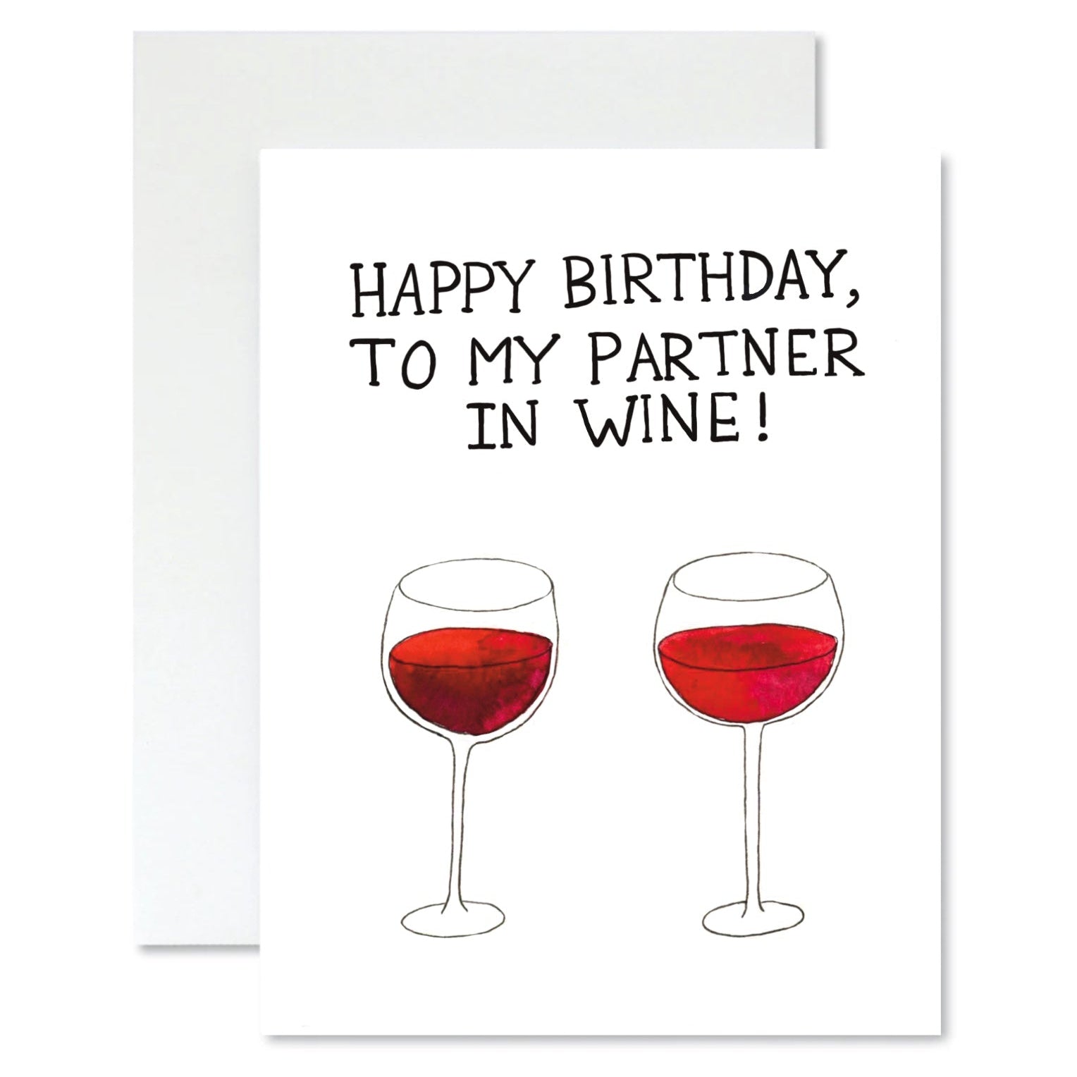 Greeting card with two wine glasses and text 'Happy Birthday, to my partner in wine!' on a white background.