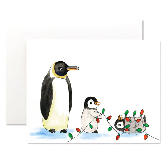 Illustration of mischievous penguin kids tangled in christmas lights with skeptical penguin parent on a white background