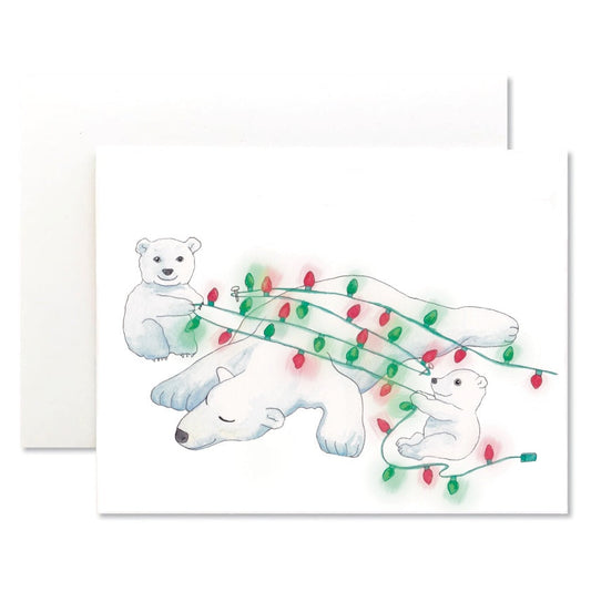 Card with polar bears and Christmas lights on a white background
