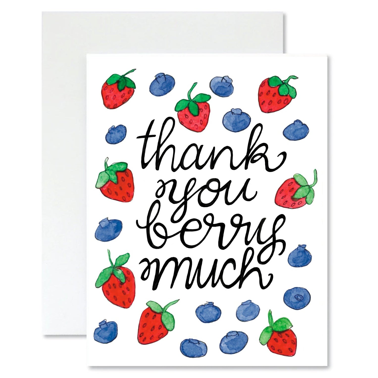 Greeting card with strawberries and blueberries and text 'thank you berry much' on a white background