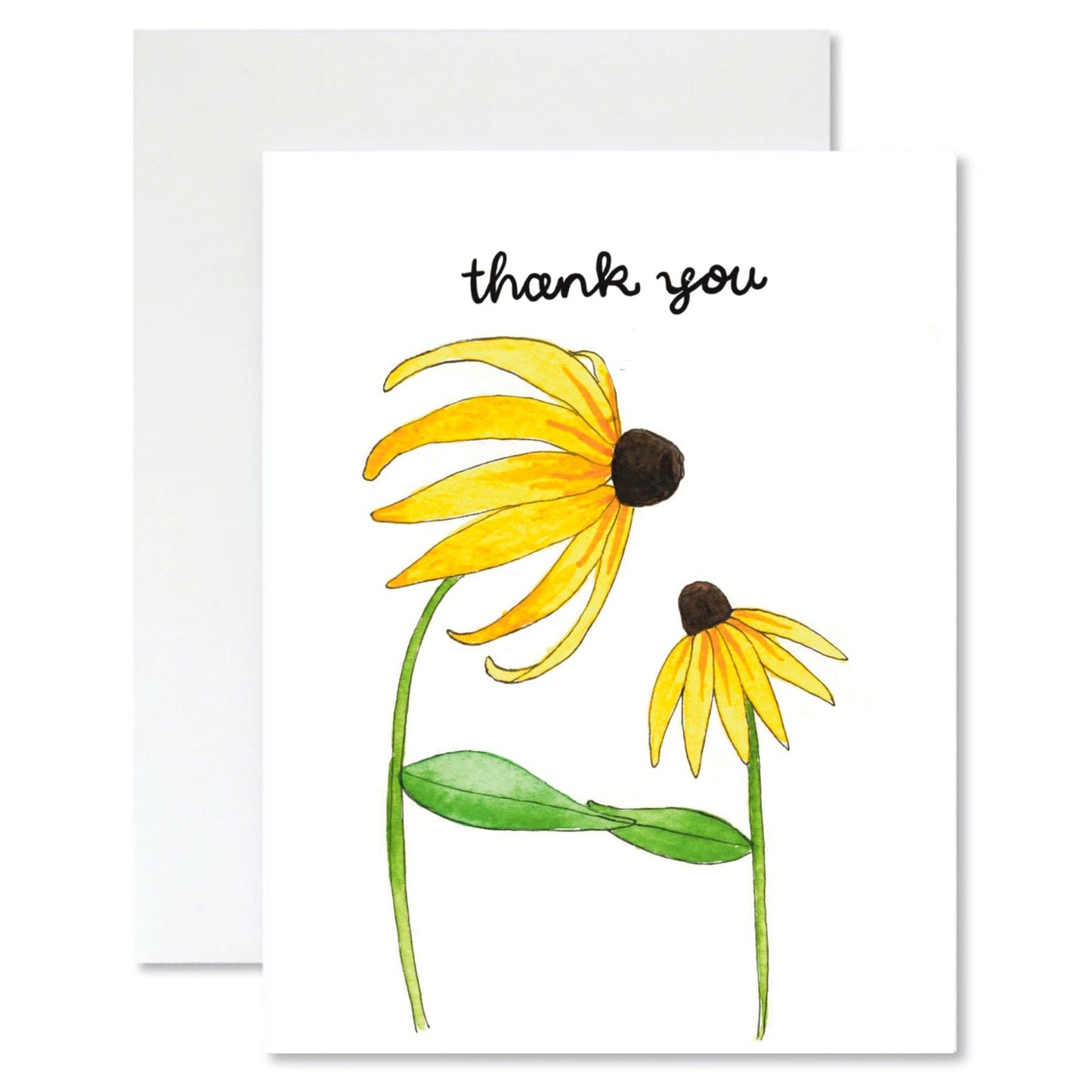 Thank you card with two yellow black eyed susan flowers and 'thank you' text on a white background