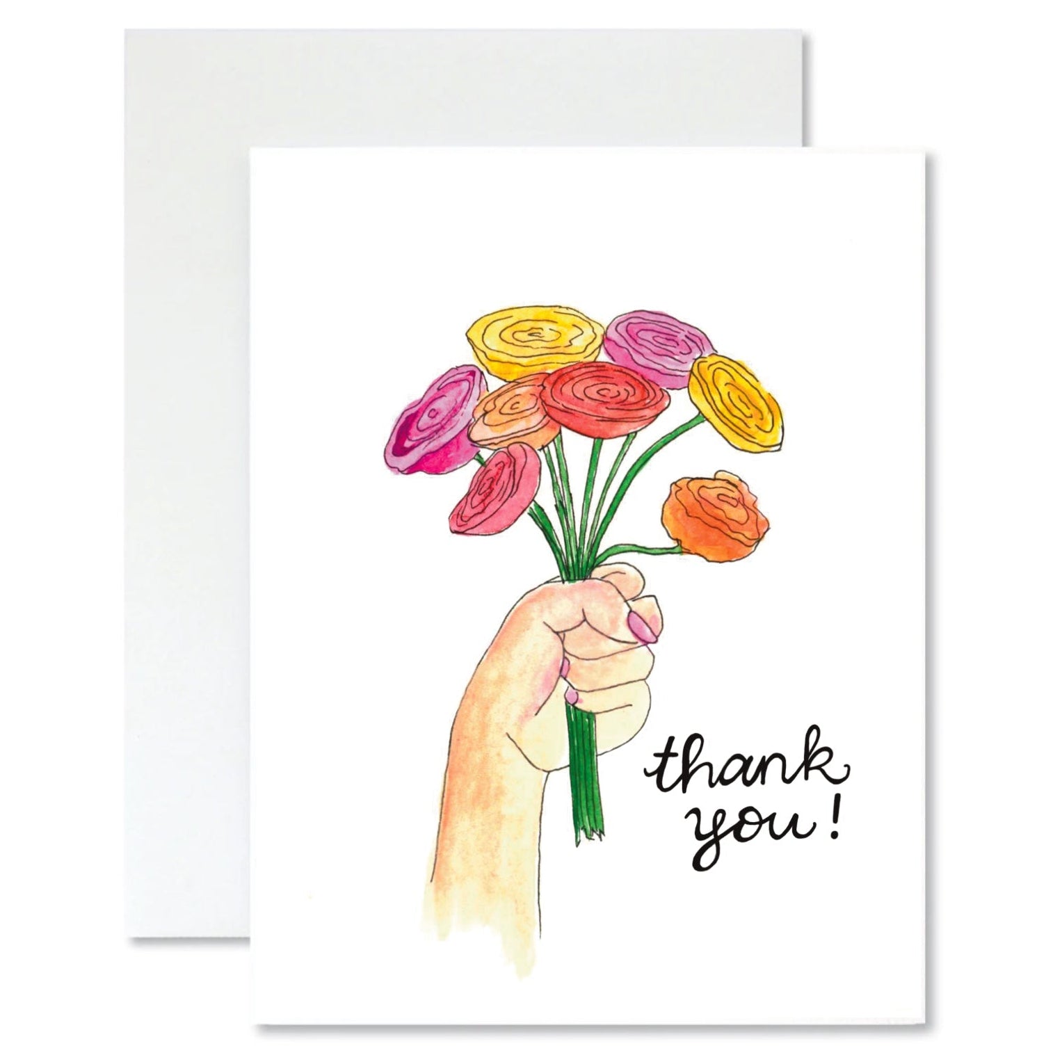 Greeting card with a hand holding flowers and 'thank you!' text on a white background