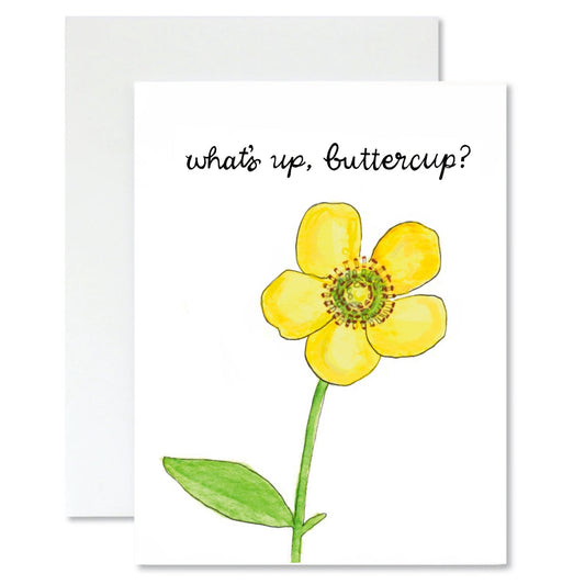 Greeting card with a yellow buttercup flower illustration and text 'what's up, buttercup?' on a white background