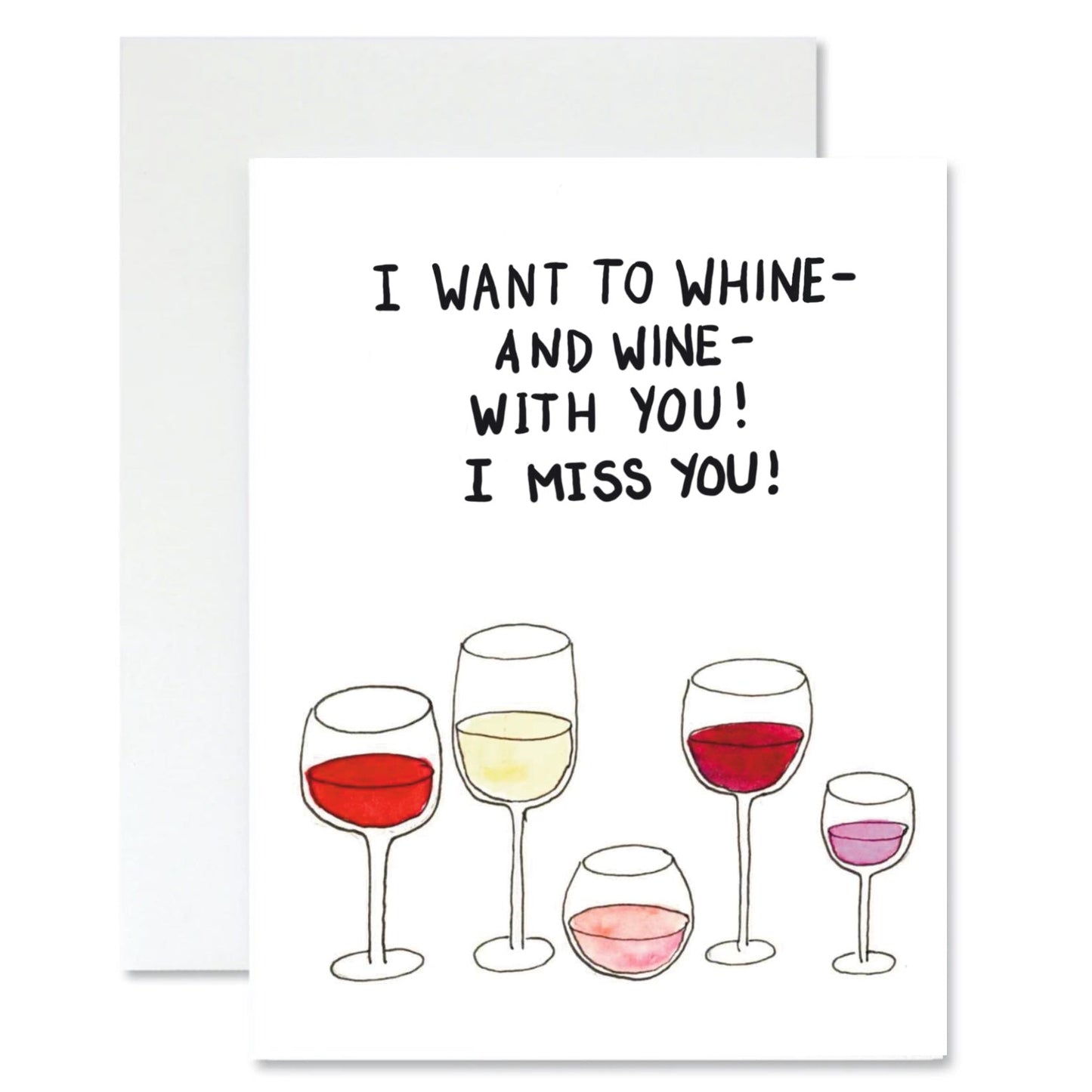 Greeting card with wine glass illustrations and 'I miss you' text on a white background