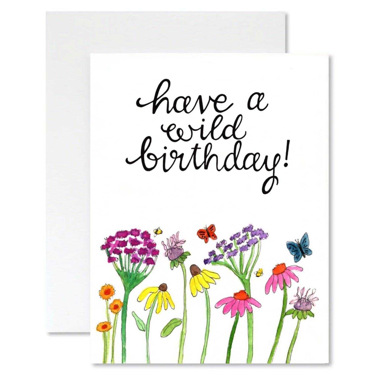 Greeting card with 'have a wild birthday!' text and colorful flowers on a white background