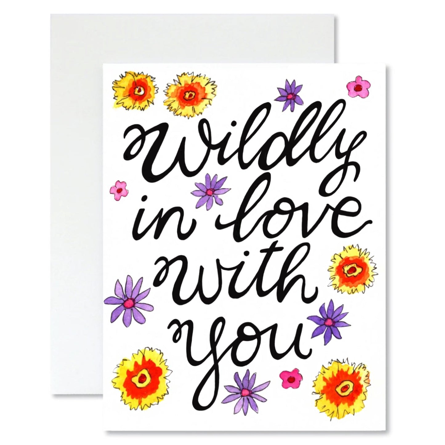 Greeting card with 'Wildly in love with you' text and colorful flowers on a white background