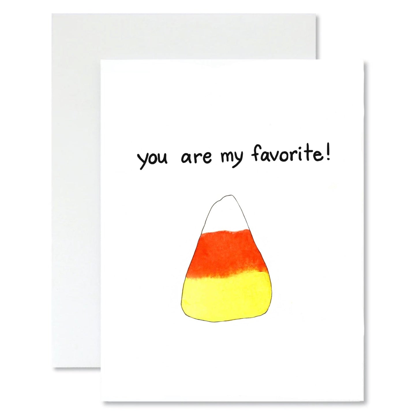 Greeting card with candy corn design and text 'you are my favorite!' on a white background