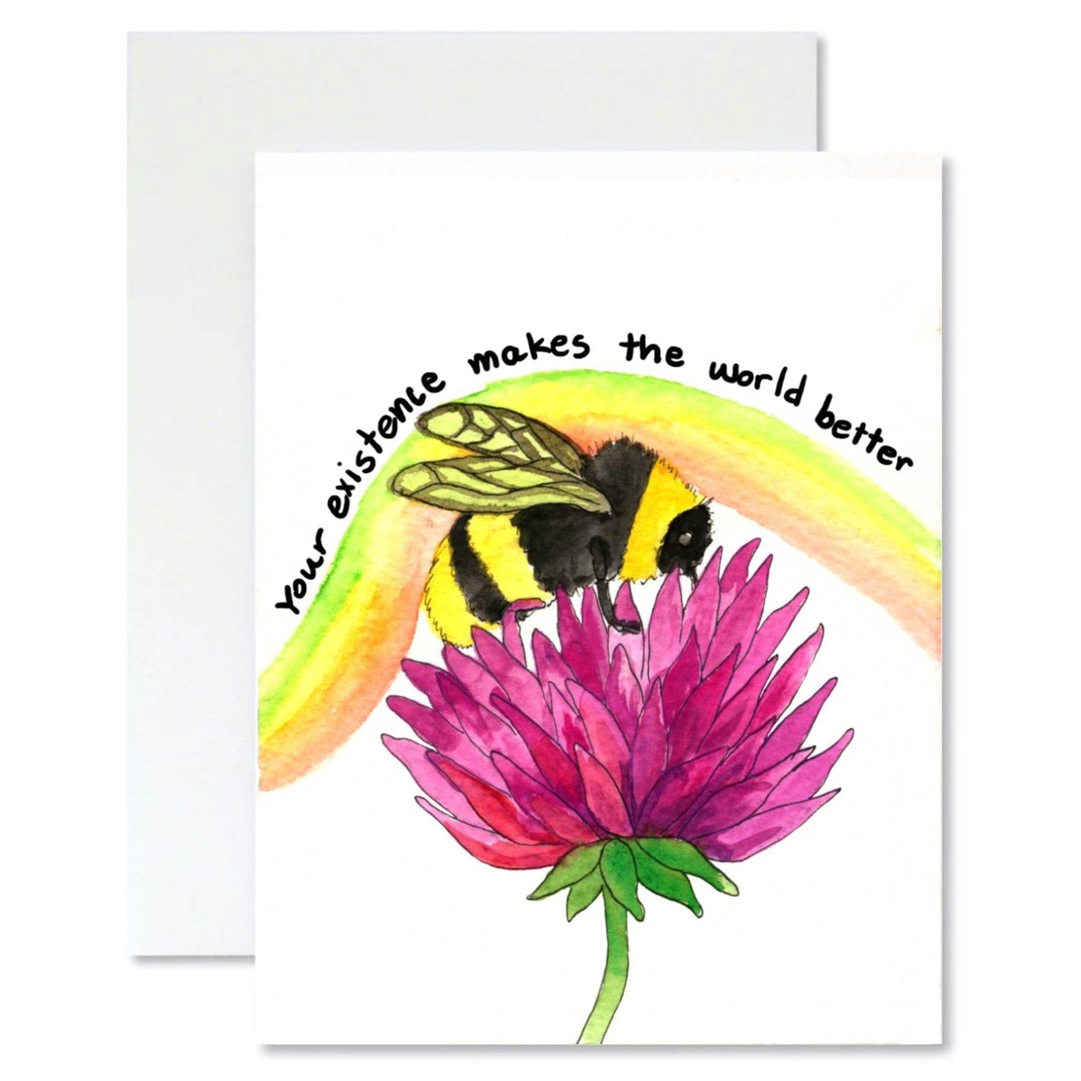 Greeting card with a bee, rainbow, and flower illustration with text 'your existence makes the world better' on a white background
