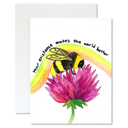 Greeting card with a bee, rainbow, and flower illustration with text 'your existence makes the world better' on a white background